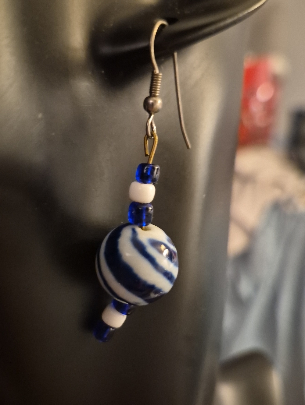Handmade Blue White Swirl Blown Glass Bead Drop Earrings